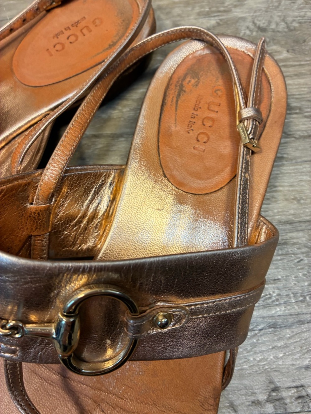Gucci Italy Horsebit Thong Slingback Rose Gold Sandals - Picture 2 of 15